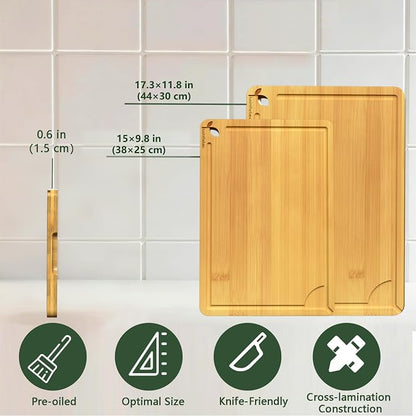 Cutting Board Set of 2, L and XL Bamboo Chopping Boards for Kitchen, Butcher Block Cutting Boards with Side Handles for Meat, Vegetables, Fruit, Meal Prep and Daily Cooking