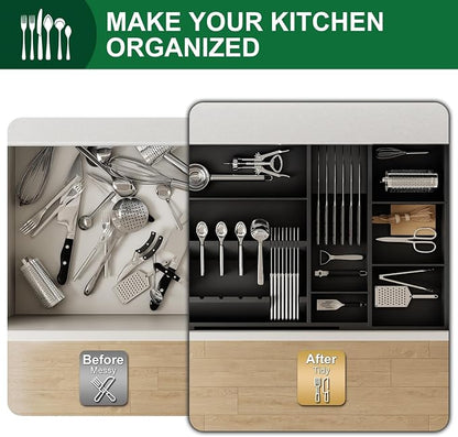 Bamboo Silverware Drawer Organizer, 17.72-29.53 Inch Expandable Large Kitchen Drawer Organizer, 5-8 Slot Flatware with Removable Card Slots & Knife Block for Spoon Butter Knive, Black