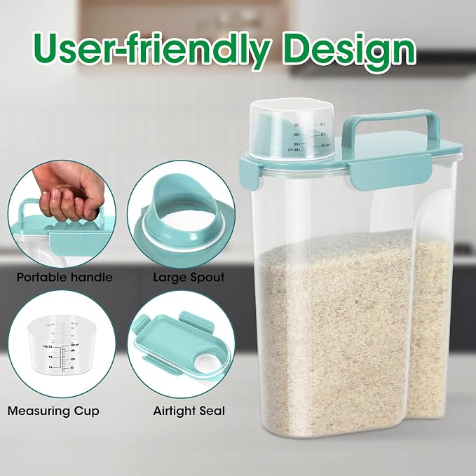 TBMax 2 Pack Airtight Rice Container 5 Lbs +10 Lbs, Cereal Container Oatmeal Storage with Easy-pouring Spout & Handy Cup for Flour Grain Beans, Pet Dog Cat Bird Food Storage Dispenser -Sky Blue