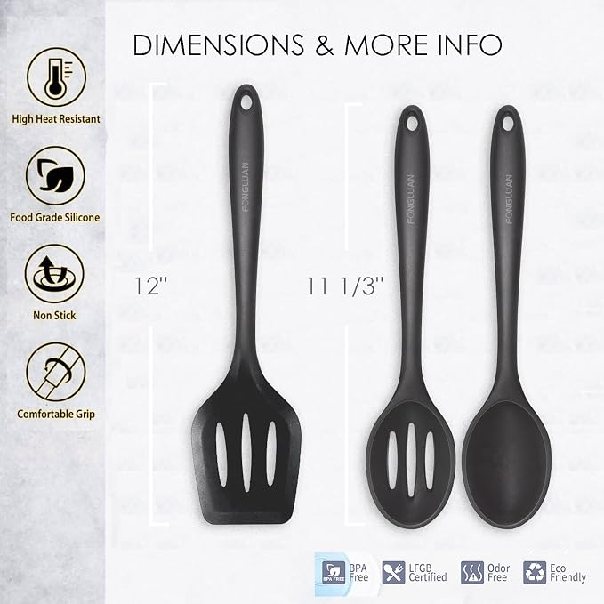 Silicone Nonstick Utensils, Set of 3, Black, Silicone Cooking Utensils Set, Turner/Spatula and Spoons - Heat Resistant, Nonstick Cookware, Dishwasher Safe
