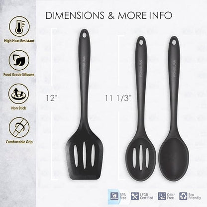 Silicone Nonstick Utensils, Set of 3, Black, Silicone Cooking Utensils Set, Turner/Spatula and Spoons - Heat Resistant, Nonstick Cookware, Dishwasher Safe