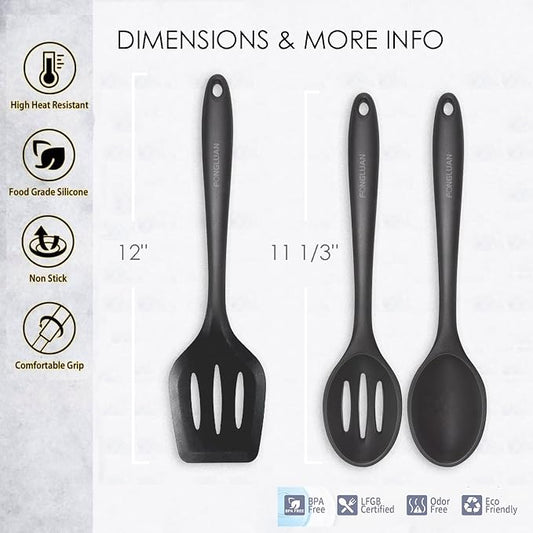 Silicone Nonstick Utensils, Set of 3, Black, Silicone Cooking Utensils Set, Turner/Spatula and Spoons - Heat Resistant, Nonstick Cookware, Dishwasher Safe