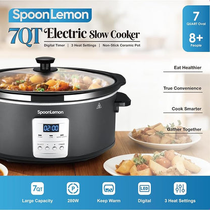 7QT Slow Cooker, Electric Programmable Cooker with 20H Timer & 3 Heat Settings, Oval Ceramic Pot — Ideal for Family Meals & Meal Prep, Compatible with 20 Count 13"x21" Cooking Liners
