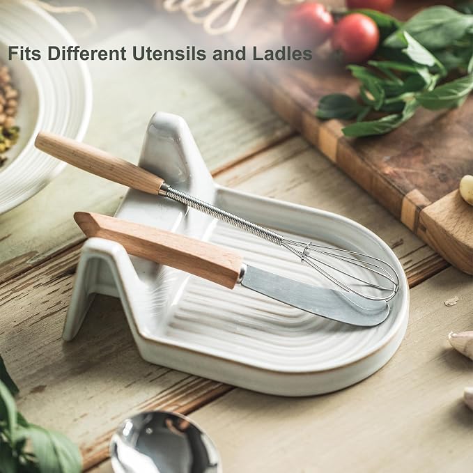 Ceramic Spoon Rest for Countertop Heat-Resistant Spoon Rest for Stove Top Kitchen Gadgets & Kitchen Utensils Holder White