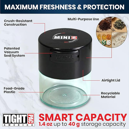 TIGHTPAC MINIVAC Portable Vacuum Seal Airtight Container – Keeps Coffee Beans, Grounds, Tea, Spices & Herbs Fresh Longer – Travel-Ready, NSF-Certified Food-Grade Storage, 10 to 30 Grams, Black/Clear