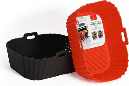 Reusable Silicone Air Fryer Liners for Emeril Lagasse Air Fryer Oven – Non-Stick Reusable Air Fryer Basket Liners – Dishwasher Safe – 9 x 7 x 3 Inch – 2 Pack – Black/Red