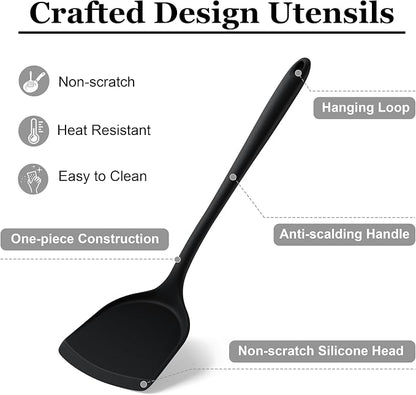 LIANYU Non-Toxic Cooking Utensils Set of 8, Silicone Black Kitchen Utensils Set for Non-Stick Cookware, Healthy Kitchen Tools with Spatula & Spoon, Stainless Steel Core, Healthy & Heat Resistant