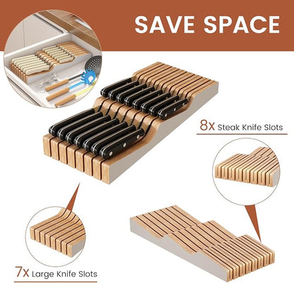 In-Drawer Knife Block Organizer - Bamboo Wood Drawer Knife Organizer-Protecting Knife Organizer Block (Not Included) (White, 15 Knives Dock)