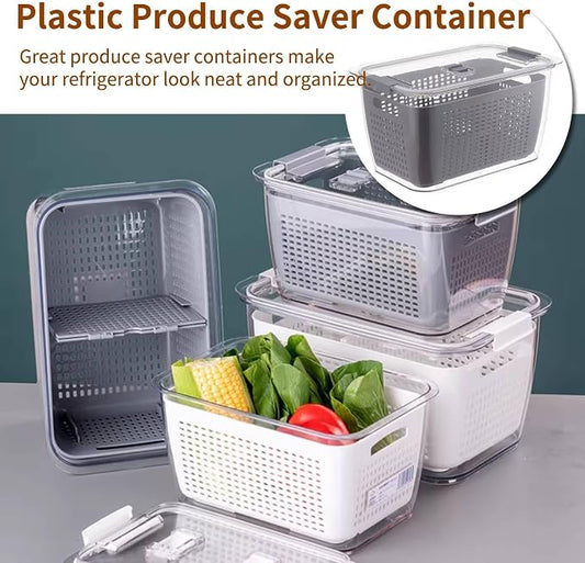 HERCHR Plastic Produce Saver Container, Vegetable Storage Containers Fruit Storage Organizer Bins Fresh Food Keeper Produce Saver with Divider for Refrigerator(4.5L-Gray)
