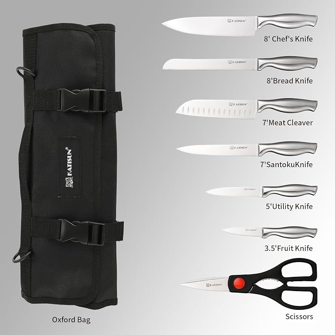 Knife Set Roll Bag, 8 Pieces German High Carbon Stainless Steel Chef Knives with Hollow Handle, with Portable Knife Roll Storage Bag, Blade Guards, Kitchen Shears for Outdoor Camping Travel