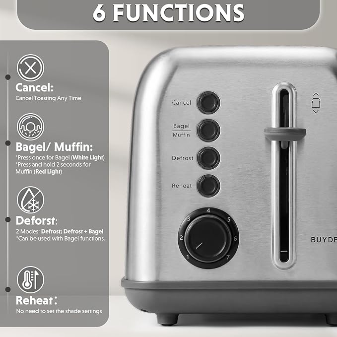 BUYDEEM DT620 2-Slice Toaster, 7 Shade Settings, Extra Wide 1.5'' Slots for Bagel & English Muffin, 6 Toasting Functions, Retro Stainless Steel Toaster with High Lift Lever, Silver
