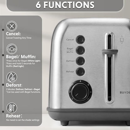 BUYDEEM DT620 2-Slice Toaster, 7 Shade Settings, Extra Wide 1.5'' Slots for Bagel & English Muffin, 6 Toasting Functions, Retro Stainless Steel Toaster with High Lift Lever, Silver