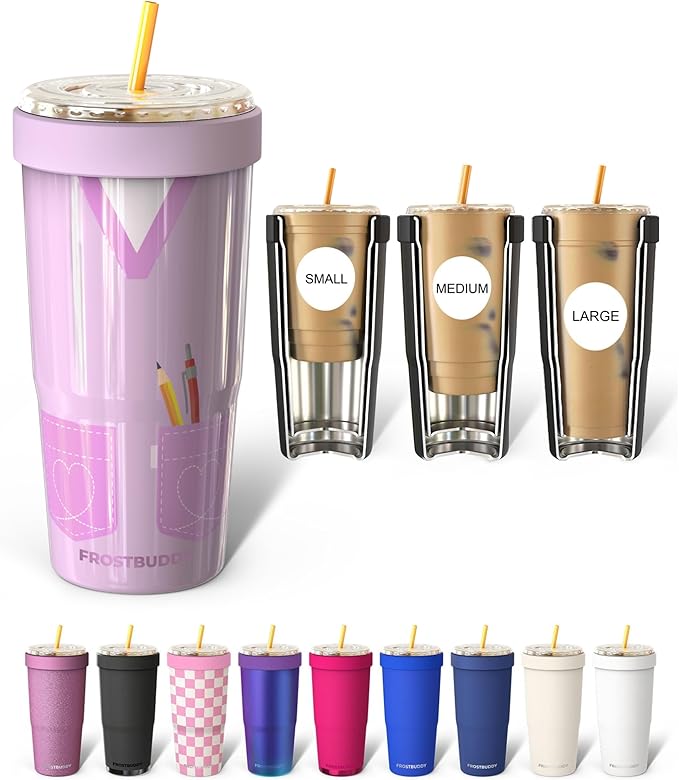 Frost Buddy Togo Buddy 30oz Stainless Steel Vacuum Insulated Tumbler To Go Coffee Cup – Iced Coffee Cups, Iced Coffee Sleeve, Travel Mug, Thermal Cup for Hot & Cold Drinks, Dunkin Cup (Purple Scrubs)