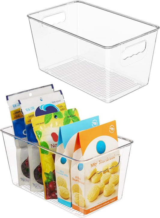 Vtopmart Clear Plastic Storage Bins, 2 PCS Pantry Organizer Bins with Handle for Refrigerator, Fridge, Cabinet, Kitchen, Countertops, Cupboard, Freezer Organization and Storage, Medium