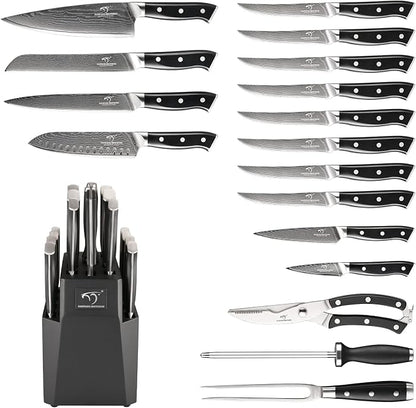 NANFANG BROTHERS 18-Piece Damascus Kitchen Knife Sets, 67-layer Japanese Damascus Steel Heat-Treated and Forged, ABS Ergonomic Handle, Ultra Sharp Chef Knife Block Set with Sharpener