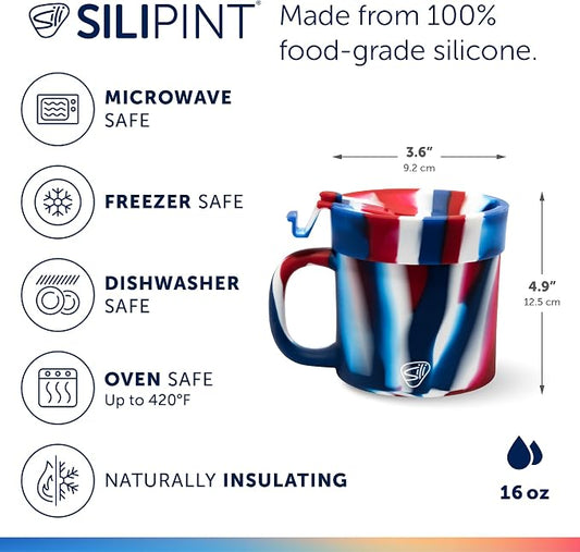 Silipint 16oz Silicone Coffee Mug Tumbler with Flip Lid – Unbreakable Dishwasher Safe Microwave Oven & Freezer Compatible – Cup for Hot Coffee Tea or Cold Drinks (The Patriot) Pack of 1