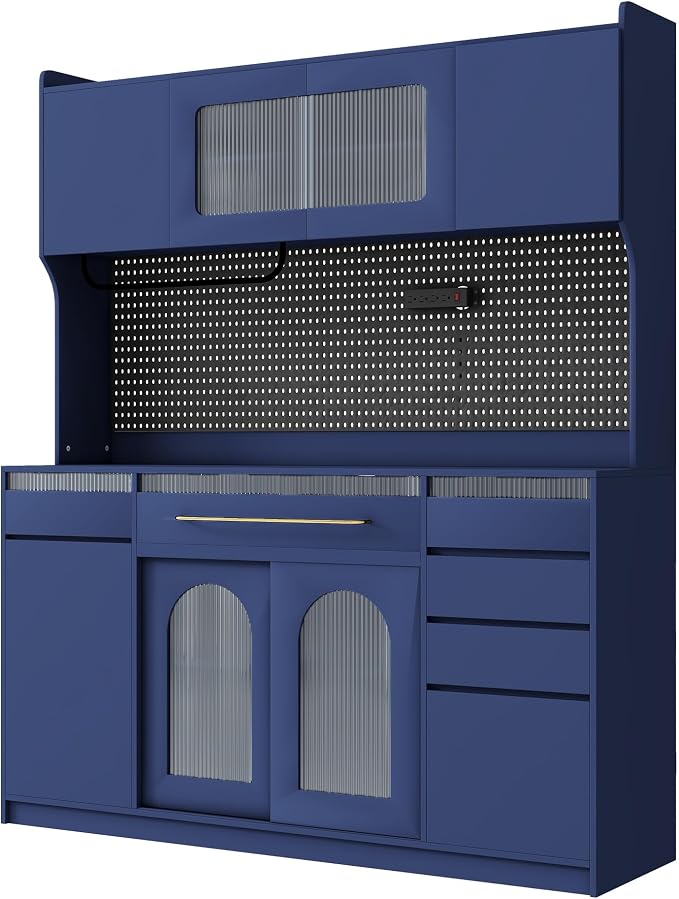 VilroCaz Freestanding Large Kitchen Pantry, Wooden Kitchen Large Coffee Bar Storage Cabinet with 6 Drawers, 5 Cabinets with Adjustable Shelves, Pegboard, Towel Rack, Power Outlet