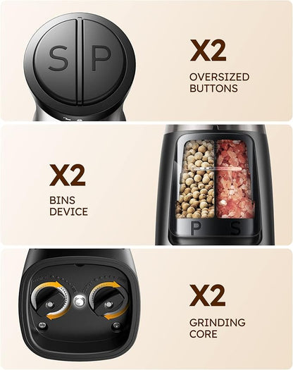 Sangcon 2-in-1 Electric Salt and Pepper Grinder, One Grinder for Two Seasonings, Automatic One-Handed Operation with Light, Adjustable Ceramic Mill, Refillable & Battery Powered