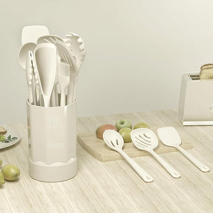 oannao Silicone Kitchen Utensils Set, 600°F Heat Resistant Silicone Cooking Utensils, Spatula, Spoon, Whisk, Tongs, Kitchen Gadgets for Nonstick Cookware, Dishwasher Safe BPA Free (Cream White)