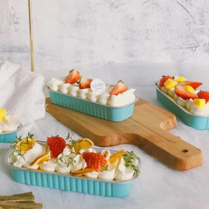 100 Pack Mini Cake Pans with Lids and Spoons, Mini Loaf Baking Pans 6.8oz, Small Disposable Aluminum Foil Loaf Pans, Rectangular Baking Containers for Party and Picnics, Cheesecake Pans (Blue)