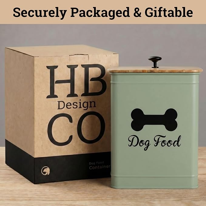Dog Food Container Airtight 5-7 lb (25 Cup) Capacity - Cute Airtight Dog Food Storage Container with Bamboo Lid & Sturdy Metal Handle - Green Metal Kibble Storage Bin for Dogs up to 50 lbs - Pet Jar