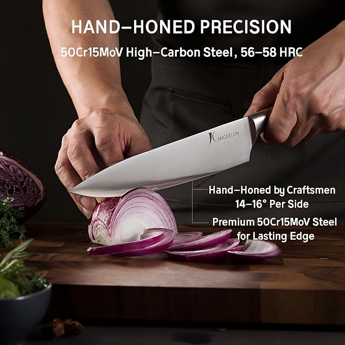 Kangdelun Ultra Sharp 15-Piece Kitchen Knife Set, High Carbon Stainless Steel Blades, Torrefied Natural Wood Handles, Ergonomic Design, Space-Saving Black-Finished Wood Block, Easy Hand Wash, Gift Box