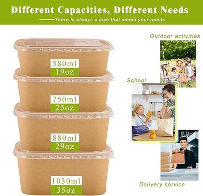 MINCOCO 50 Count Paper Bowls Disposable Meal Prep Containers with Lids【Includes 50 Wooden Forks + 100 Labels】 Salad Food Containers Freezer & Microwave Safe Leakproof Soup Bowls (19 Ounce, 50-Count)