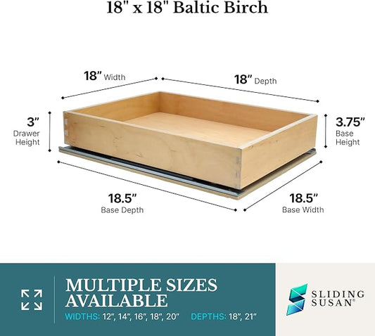 SlidingSusan 9 Ply Baltic Birch Pull Out Cabinet Drawer Organizer 18 Inch Wide x 18 Inch Deep Soft Close Sliding Shelf for Kitchen Cabinets, Pantry & Storage Areas, Heavy Duty Wooden Pullout Inserts