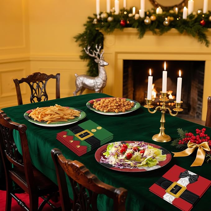 100 PCS Christmas Paper Plates and Napkins | Bundle Includes Paper Oval Dinner Plates and Napkins for Christmas Party Supplies