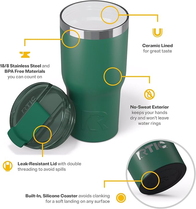 RTIC 20oz Essential Tumbler with Lid, Ceramic Lined, Insulated, Stainless Steel, Metal, Double Wall Vacuum-Insulation, Travel Cup for Iced Coffee, Tea, Hot and Cold Drink, Pine Tree