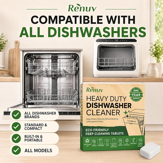 Renuv® Coffee Maker Cleaner + Dishwasher Cleaner Bundle | Heavy Duty, Kitchen Appliance Deep Cleaning, Descaling, 12 Tablets of Each