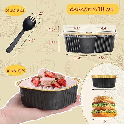 LNYZQUS Mini Cake Pans with Lids and Spoons,10oz Disposable Small Foil Baking Tins,40 Pack Individual Cake Containers for Home Bakers Bake Sales-Black,4x4 Square