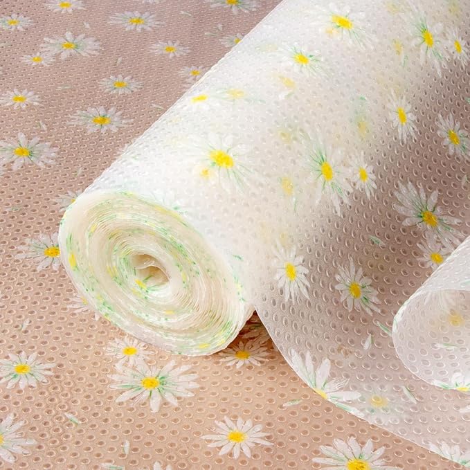 FEXIA Shelf Liner 17.5 Inch x 20 FT Daisy Non Slip Waterproof Cabinet and Drawer Liner for Kitchen Cabinet Refrigerator Pantry Closet Durable Non Adhesive