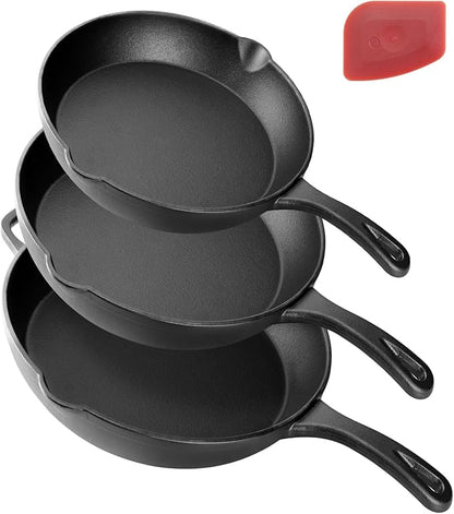 Cast Iron Skillet Set of 3 (6" 8" 10"), Pre-Seasoned | Lighter-weight starter set: 6" individual, 8" breakfast, 10" everyday. No lids. Induction & oven safe. Beginner-friendly.