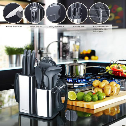 RAXCO Kitchen Set,18-Piece Cooking Utensils and Kitchen Knife Set,Gray | 7-Piece Kitchen Utensils Heat-resistant to 410°F,5-Piece Sharp Knife,5-Piece Cooking Tools and Cutting Board In One