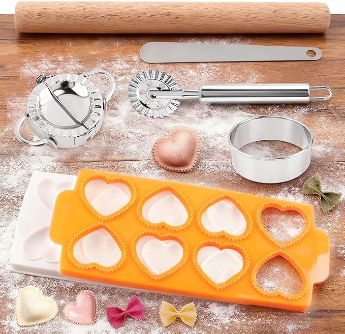 8PCS Ravioli Maker Press Set,Ravioli Stamp Maker Cutter with Wood Rolling Pin,Empanada Maker-Press,Ravioli Wheel and Stuffing Spoon,for Homemade Pasta,Dumpling,Pastry Kit(Yellow)