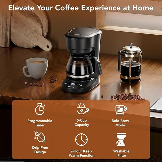 Electactic 5 Cup Programmable Drip Coffee Maker, 24H Delay Brew, 2H Keep Warm & Auto Shut Off, Pause & Serve, Reusable Filter, Glass Coffee Pot, Small Coffee Machine for Home Office