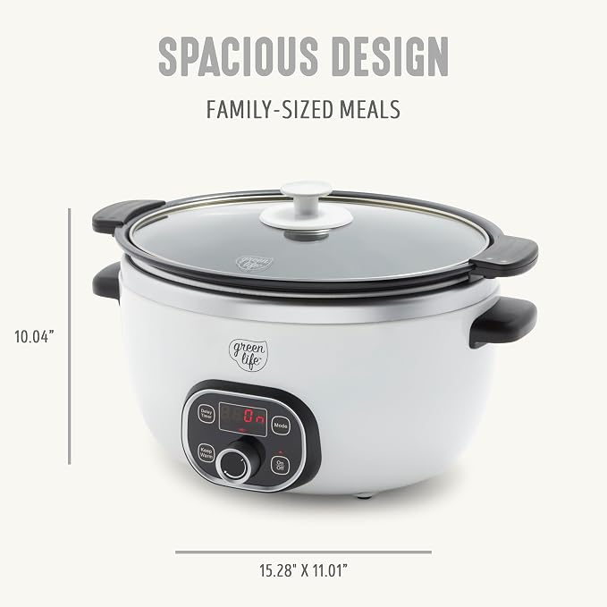 GreenLife 6QT Slow Cooker, Non-Toxic PFAS-Free Ceramic Nonstick Removable Interior Bowl, Programmable, Family Friendly, Keep Warm, Stovetop & Oven Safe, Dishwasher Safe Crock, Timer, Glass Lid, White