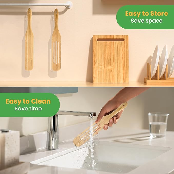 GEEKHOM Wooden Spurtle Set Bamboo Utensils : 13 Inch for Sourdough Starter, Mixing Scraping Serving, Reaching Jar Bottom, Nonstick Cookware 2 Set