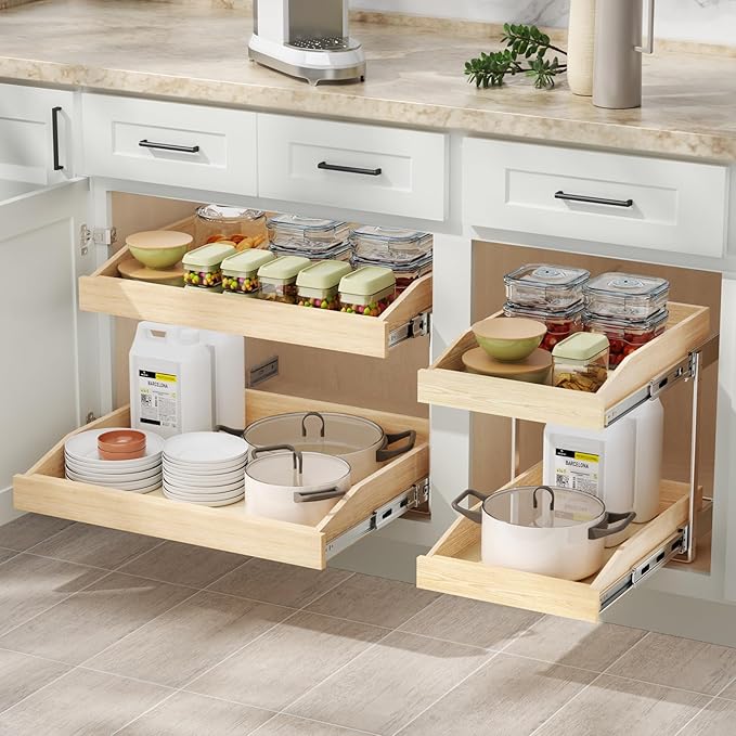 ROOMTEC 2 Tier Pull Out Cabinet Organizer, Double Tier Slide Out Wood Cabinet Organizer with U Bracket, Pull Out Drawers for Base Cabinet Organization in Kitchen, Pantry(10½"W x 21" D)