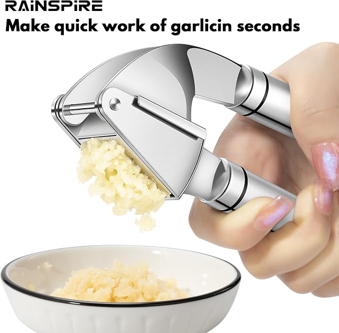 Rainspire Premium Garlic Press Stainless Steel, Garlic Mincer Tool, Garlic Crusher Tool, Garlic Smasher Garlic Masher Includes Silicone Garlic Peeler & Cleaning Brush, Dishwasher Safe (Silver)