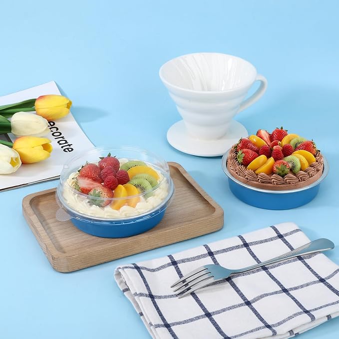Beasea Mini Tart Pans with Lids 20 Pack, 4" 7.3oz Disposable Aluminum Foil Baking Tins Cups Round Pie Container for Individual Cupcake Dessert Muffin Cheesecake Quiche - Moon Blue