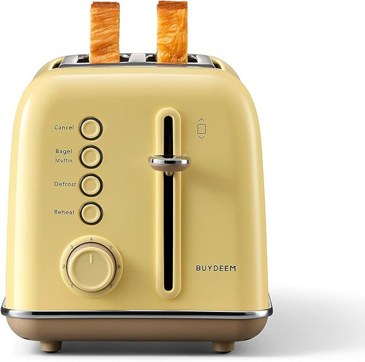 BUYDEEM DT620 2-Slice Toaster, 7 Shade Settings, Extra Wide 1.5'' Slots for Bagel & English Muffin, 6 Toasting Functions, Retro Stainless Steel Toaster with High Lift Lever, Mellow Yellow