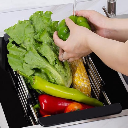 Dish Drying Rack, Adjustable Stainless Steel Drainer Basket Drain Tray for Dishes, Vegetables, and Fruit, On or in Sink Kitchen Basket Dish Drying Rack (Black)