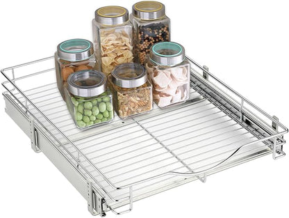DINDON Pull Out Cabinet Organizer, (20" W x 18" D) Heavy-Duty Metal Sliding Drawer Shelf, Bathroom Under Sink Kitchen Cabinets Organizer and Storage Slide Out Shelves, Chrome, 1 Tier, 2 Pack