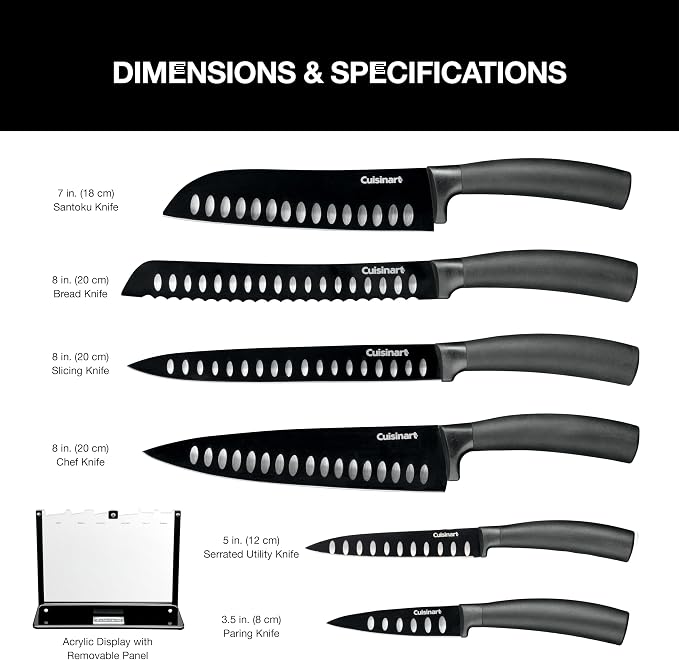 Cuisinart C77NS-7P Classic Nonstick Edge Collection 7-Piece Cutlery Knife Set with Acrylic Stand, Black