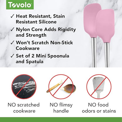 Tovolo Flex Core Silicone Spatula Spoonula Set of 2 for Non Stick Cast Iron Cooking & Baking, Dishwasher Safe Heat Resistant BPA Free Long Stainless Steel Handle Kitchen Utensil, Pink Sorbet