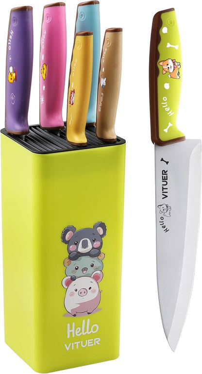 Knife Set, Vituer 7PCS Stainless Steel Kitchen Knife Block Set, Dishwasher Safe (Stylish Animal Characters)