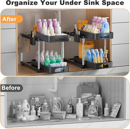 Under Sink Organizer, Under Kitchen Sink Organizer, Height Adjustable Bathroom Cabinet Organizers and Storage, 2 Tier Pull-Out Multi-Purpose Organizer for Bathroom Kitchen Cabinet, Black, 2 Pack