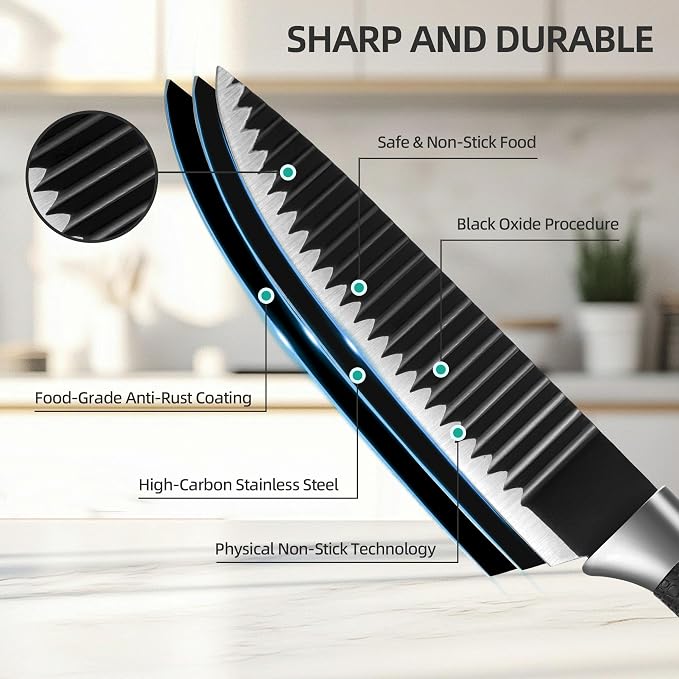 TJ POP 6-Piece Kitchen Knife Set, Non-Stick Coated Wavy-Grained Stainless Steel Blades, Non-Slip Ergonomic Handle, Lightweight Rustproof Sharp Chef's Knives for Home Cooking Restaurant Camping, Black